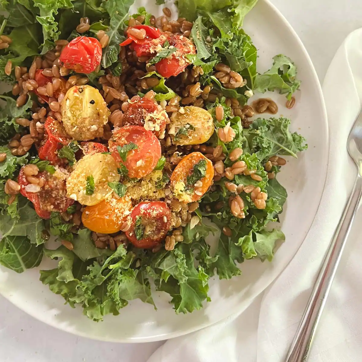 Farro and kale salad with blistered tomatoes on a plate.