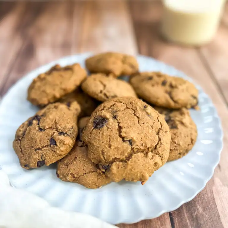 Gluten-free vegan chocolate chip cookies served on a white plate.