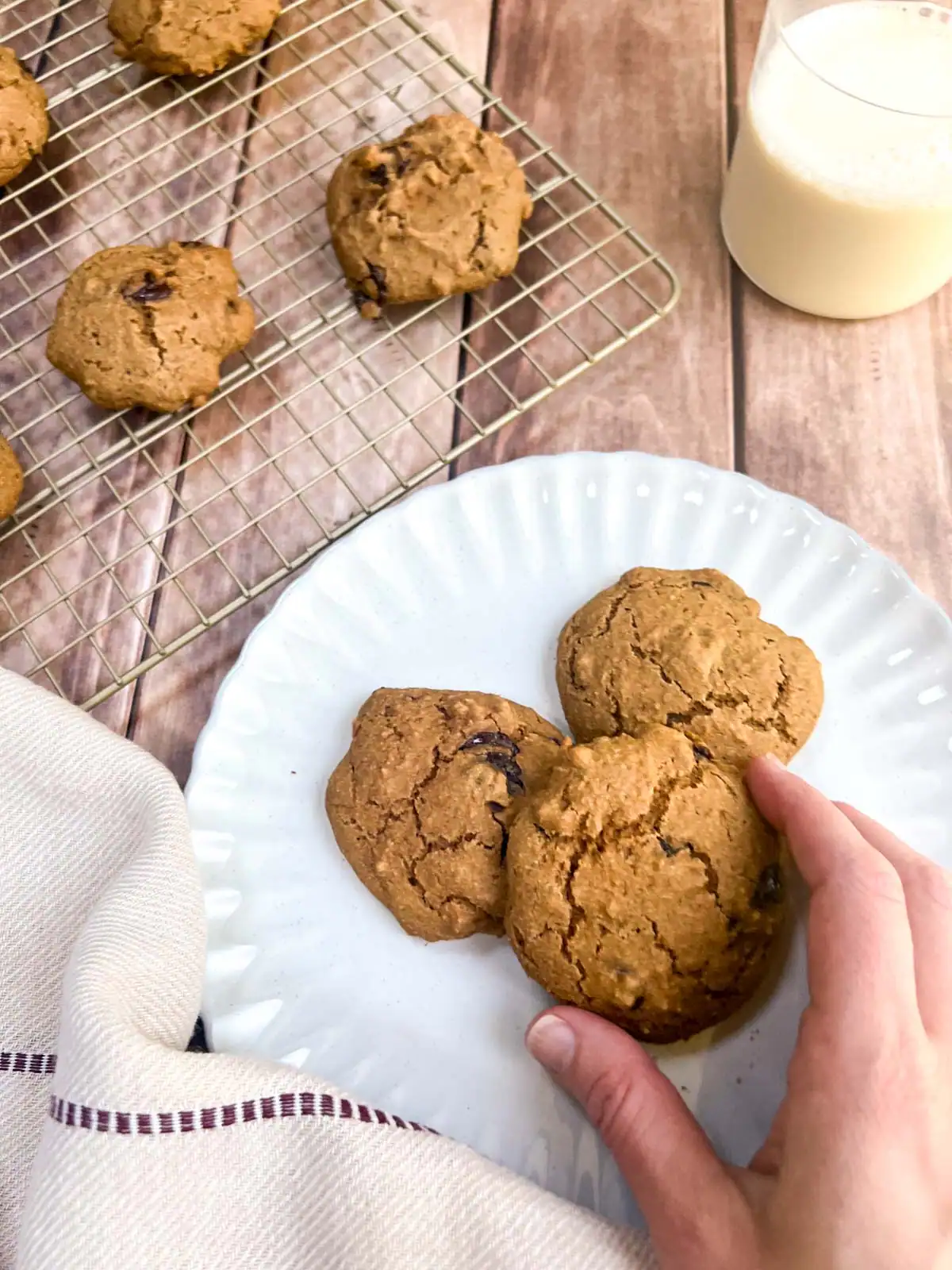 Warm vegan chocolate chip cookies on a white plate with a glass of plant-based milk and more cookies on a cooling rack.