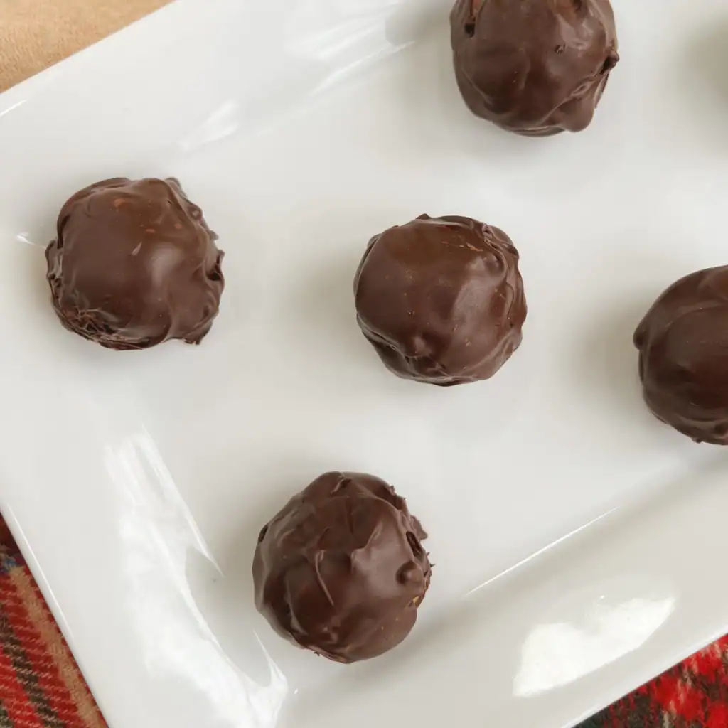 No bake chocolate peanut butter balls on a white dish.