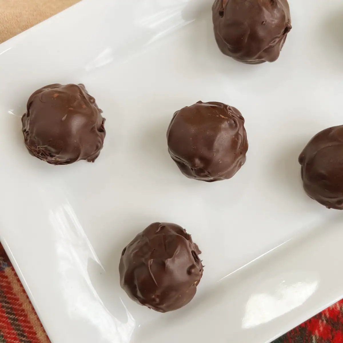 No bake chocolate peanut butter balls on a white dish.