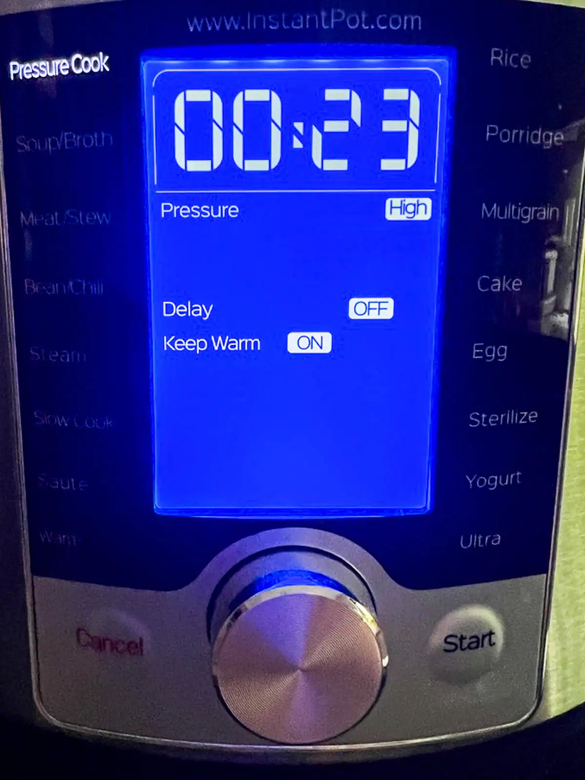 Instant Pot digital display set for 23 minutes.