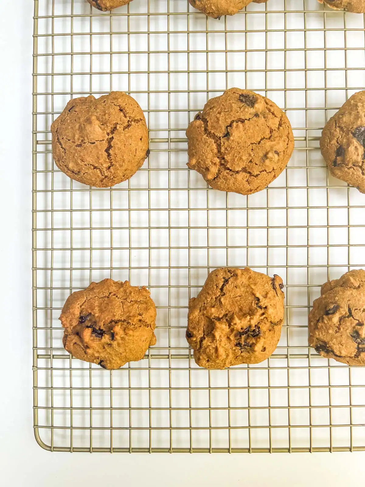 Fresh gluten-free vegan chocolate chip cookies cooling on a wire rack.