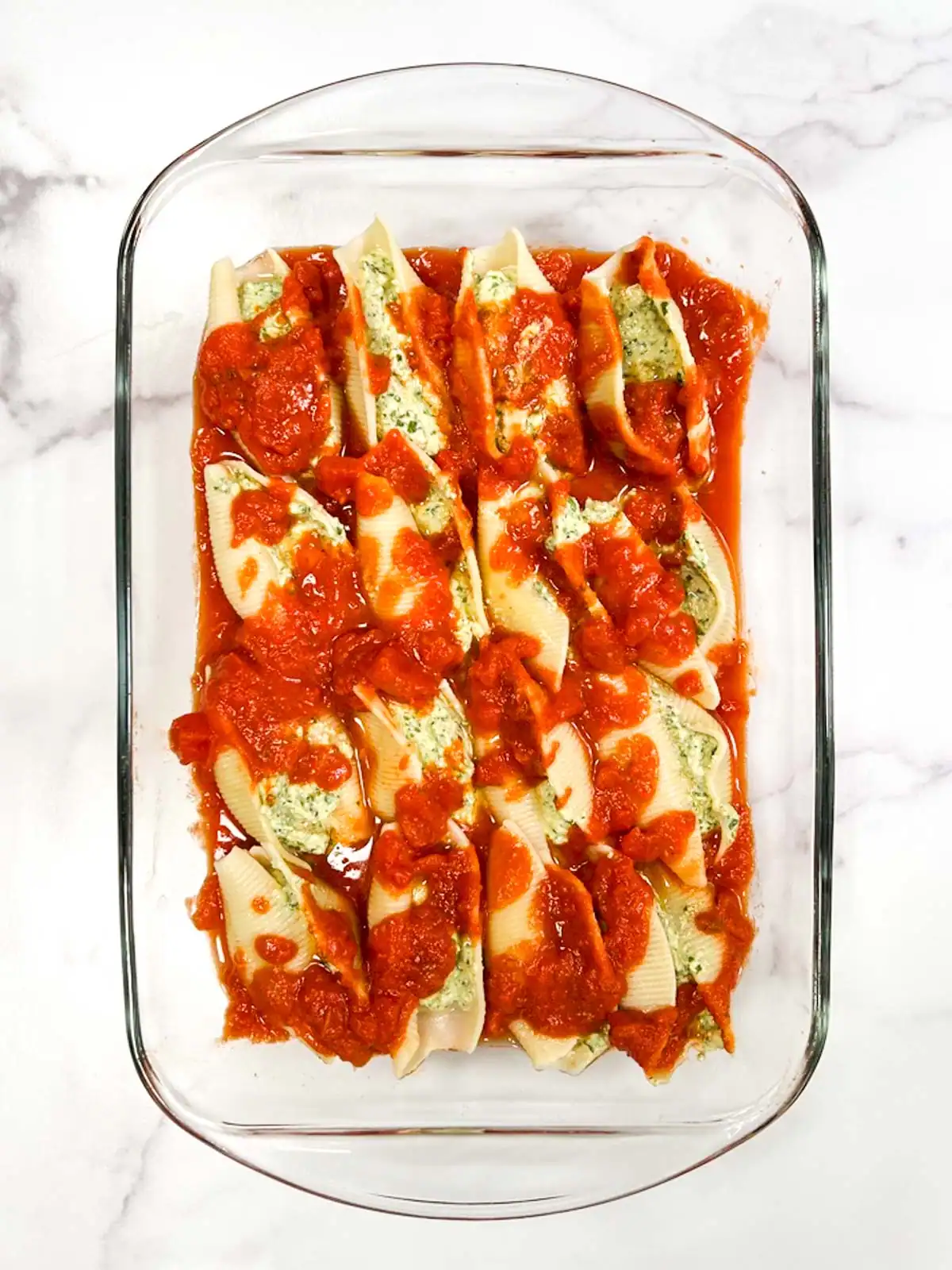 Fresh vegan stuffed pasta shells with marinara sauce and plant-based ingredients.
