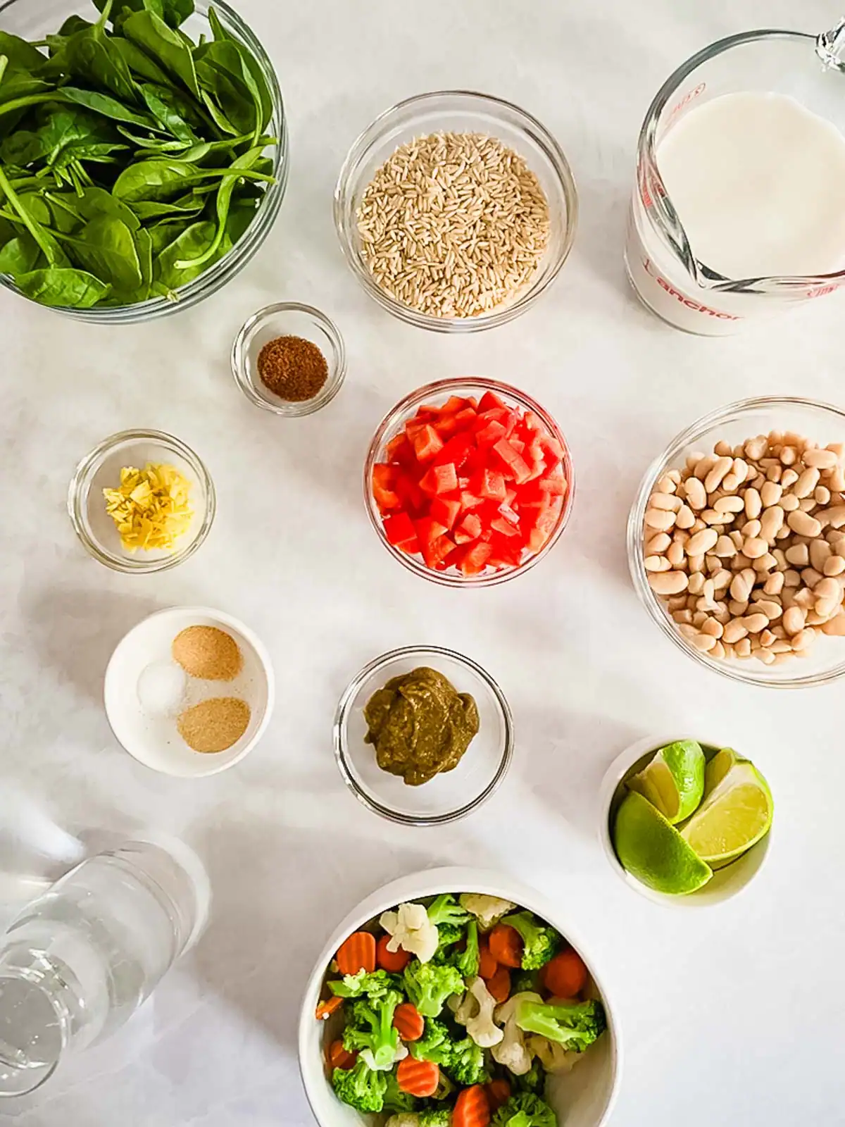 Ingredients for creamy Instant Pot vegan green curry rice.