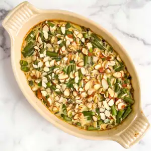 Vegan green bean casserole with almond topping in a casserole dish.