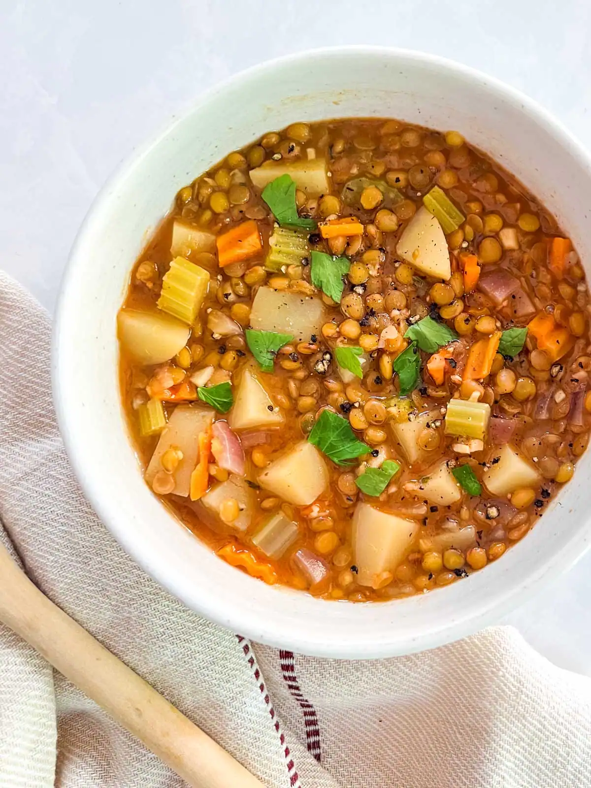 Instant Pot vegan lentil soup with potatoes, carrots, celery, and fresh herbs.