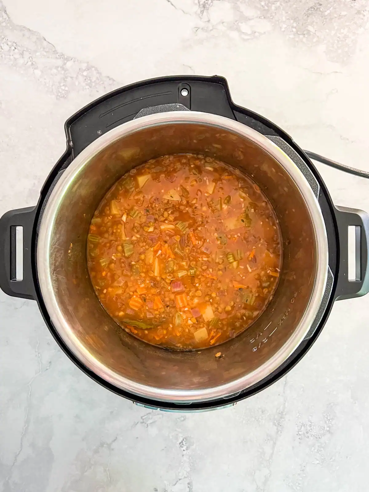 Vegan lentil soup in an Instant Pot.