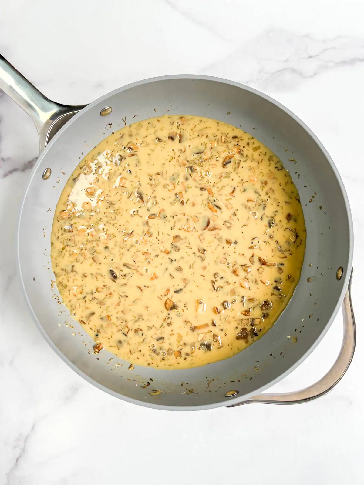 Creamy vegan mushroom sauce thickened with cornstarch for green bean casserole.