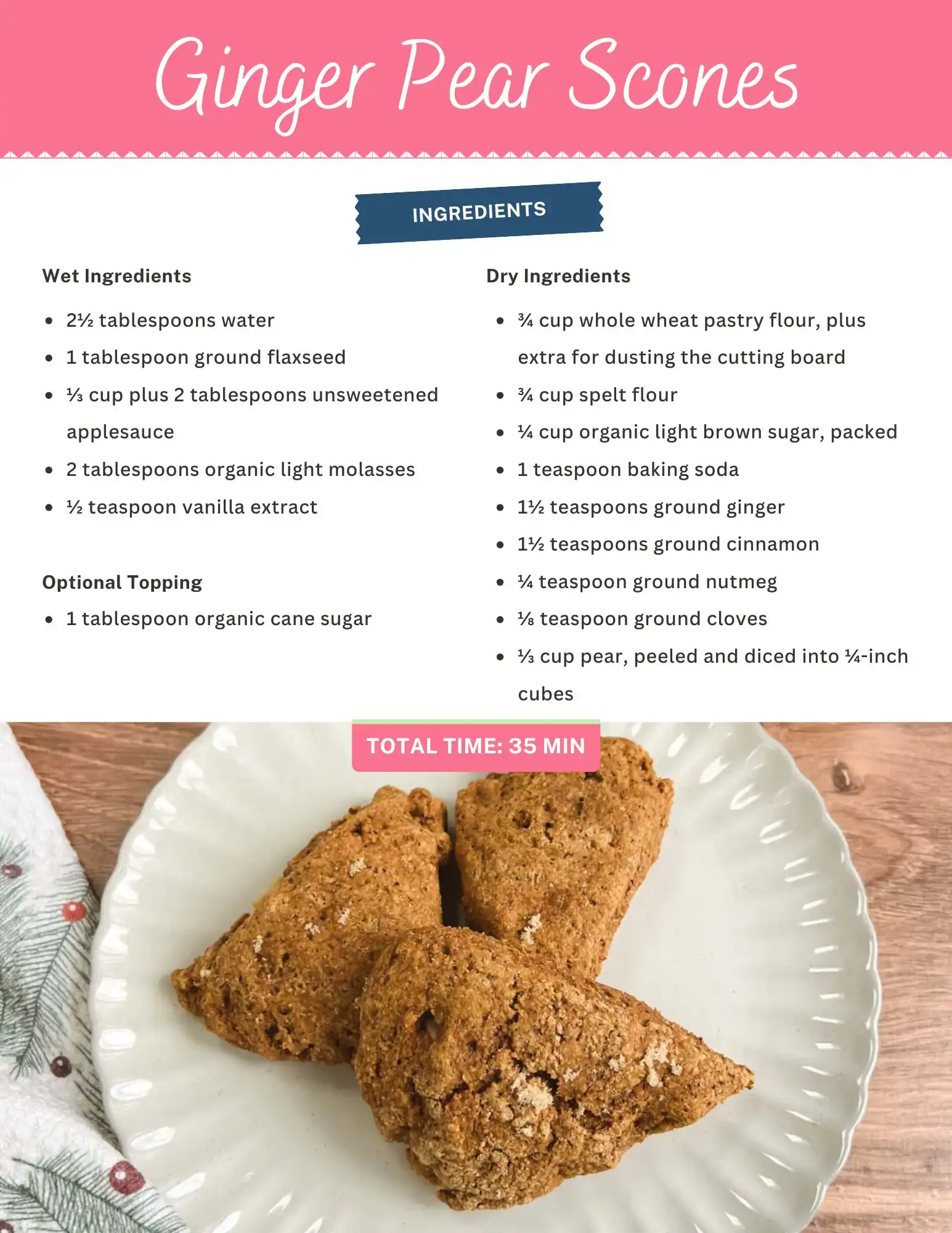 Cookbook page with recipe for ginger pear scones.