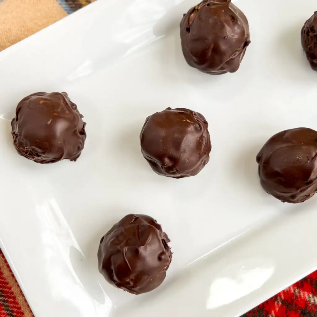 No-bake chocolate peanut butter pretzel balls on a white plate.