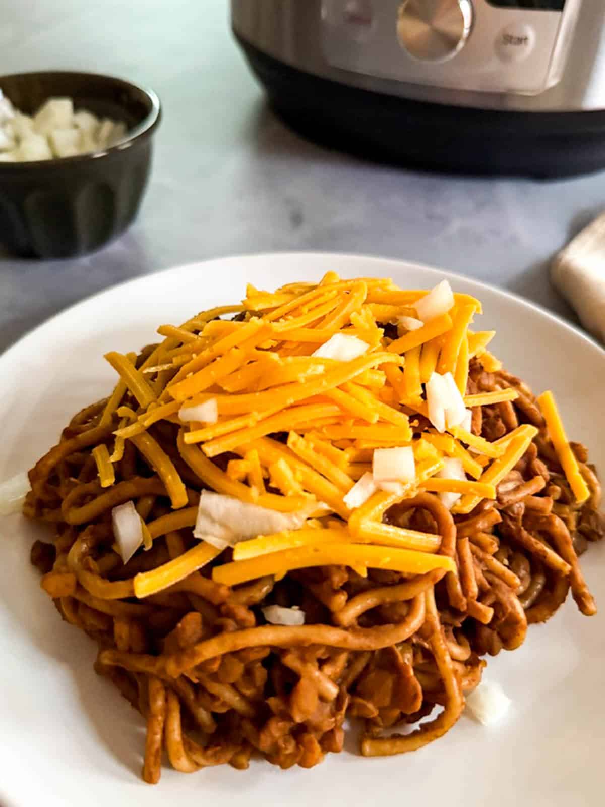 Instant Pot Cincinnati chili on a plate.