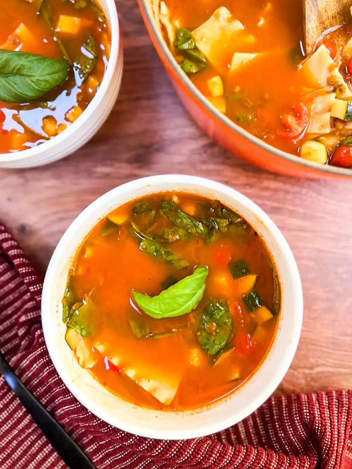 Bowls of spicy vegan lasagna soup.