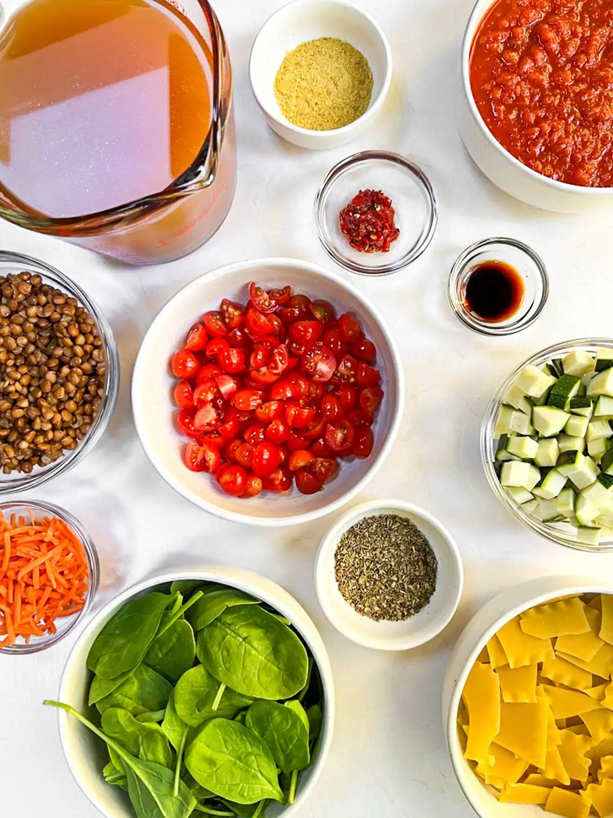 Ingredients for spicy vegan lasagna soup.