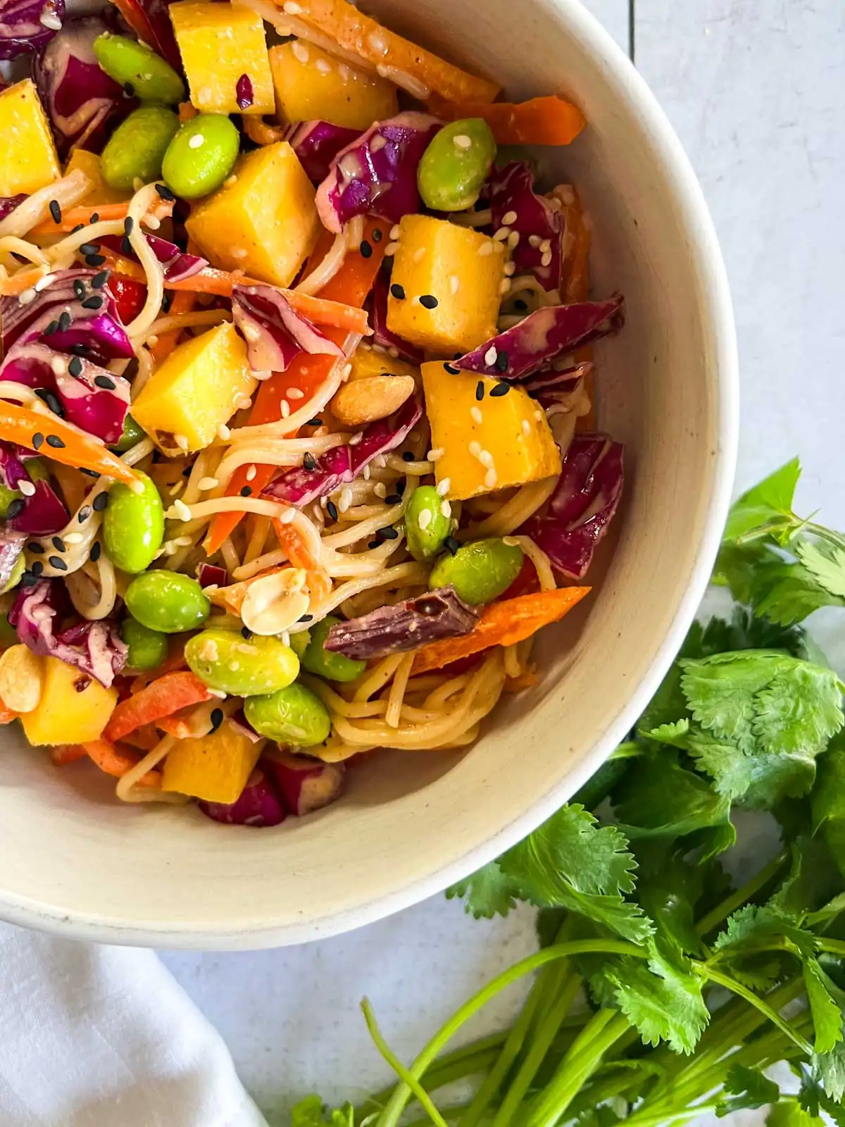 Mango peanut noodle salad in a bowl with fresh cilantro.