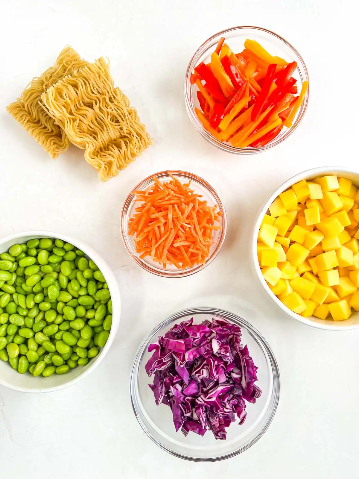 Ingredients for mango peanut noodle salad.