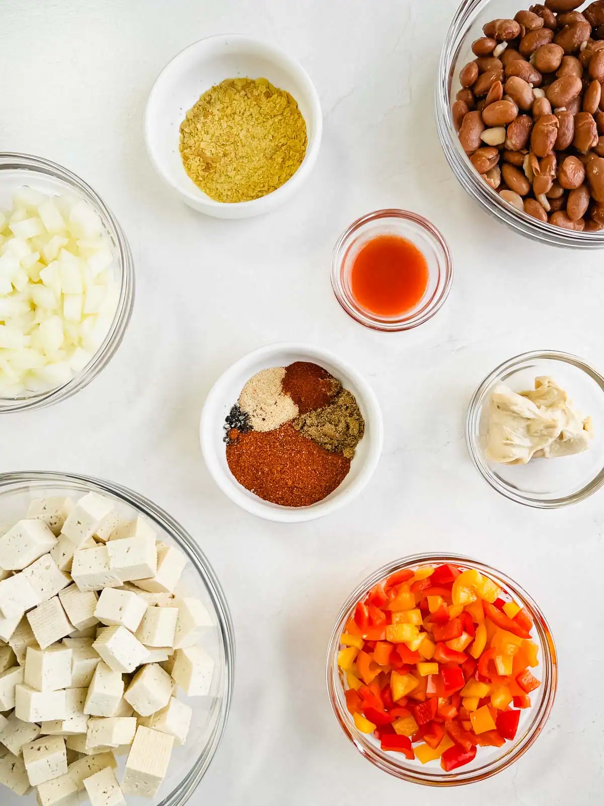 Ingredients for Tex-Mex skillet with tofu and pinto beans.